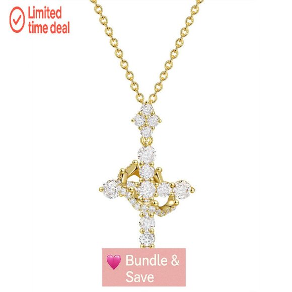 Moissanite Cross Pendant Necklace 14K Gold Vermeil 1.1 Carats Sterling Silver - Picture 1 of 8